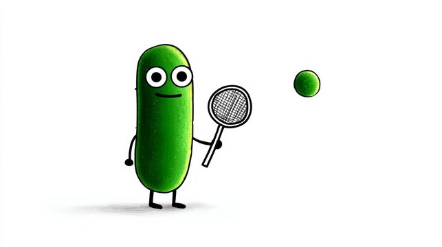 Cartoon character holding a tennis racket and a green ball. The character is smiling and he is enjoying the game - Powered by Adobe