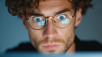 Man with glasses is staring at a computer screen. Concept of focus and concentration, as the man's eyes are fixed on the screen. The glasses add a touch of sophistication