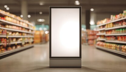Empty digital advertising display board in a supermarket aisle with shelves