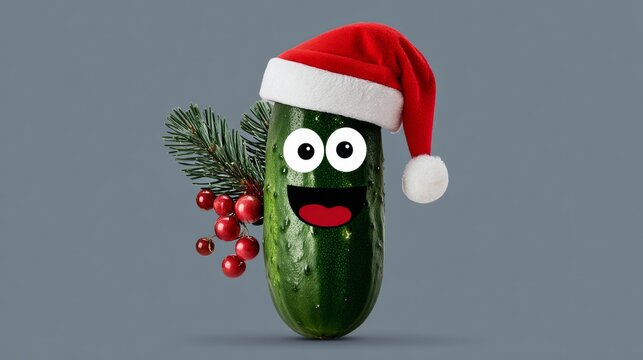 Cucumber with a red hat and a green Christmas tree on its head. The cucumber is smiling and he is happy - Powered by Adobe