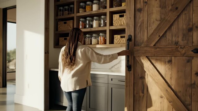 Woman Opening Rustic Wooden Barn Door Leading to Pantry in Modern Home