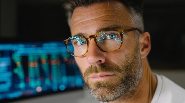 Man with glasses is looking at a computer screen. Concept of focus and concentration as the man stares intently at the screen. The glasses add a touch of sophistication and intelligence to the scene