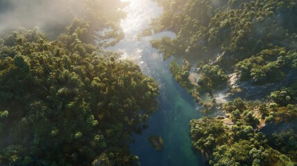 Obraz premium Lush forest canopy over misty river. AI image