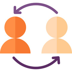 Two stylized figures in orange and peach tones interact with purple arrows forming a cyclical flow on a transparent background representing exchange or connection