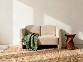 Minimalist Living Room with Beige Sofa and Wooden Side Table