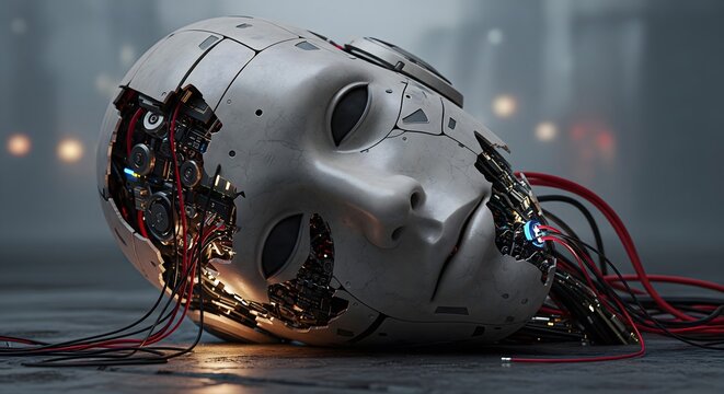 The disconnected head of a realistic android with exposed wiring. A concept for the future of robotics, artificial intelligence, and machine consciousness.