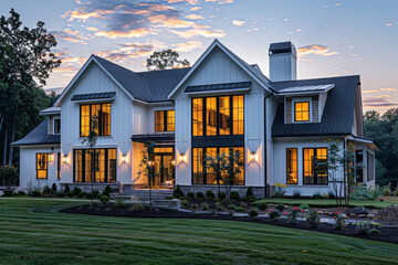 Charming Modern Farmhouse Exterior at Dusk with Luminous Interior Light