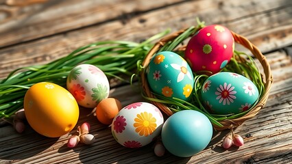 Vibrant Easter eggs arranged on a rustic wooden surface, capturing festive joy and natural warmth.