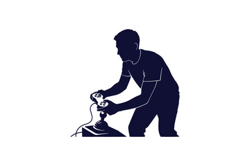 Single color silhouette of a gamer holding a joystick on white background