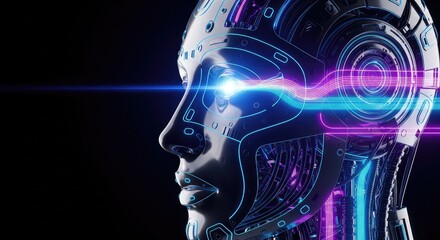 Futuristic cyborg head with glowing lights, perfect for cutting-edge technology and AI concepts, inspiring innovation and advanced robotics research