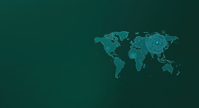 Digital world map with glowing network connections. Futuristic global communication and data transmission concept. Abstract technology background with copy space