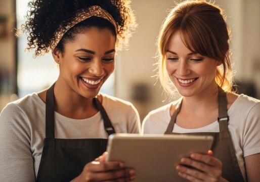 Two smiling women, diverse ethnicity, wearing aprons and looking at a tablet computer together in a bright, warm setting