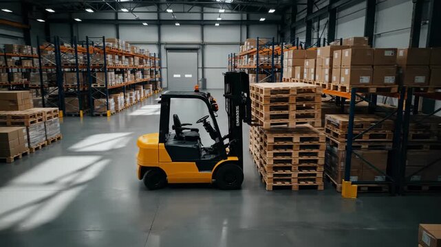 A yellow forklift operating within a large warehouse, moving pallets of packaged goods.