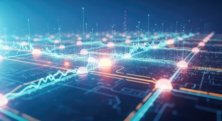 Dynamic technology background with glowing nodes and circuit board patterns for modern business applications and futuristic designs, creating a vibrant and energized feel