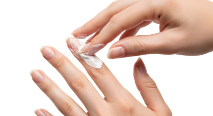 Woman applying nourishing hand lotion or moisturizer cream to fingers for dry skin care. isolated PNG with Transparent Background