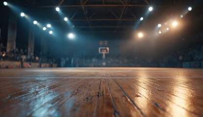 Empty Indoor Basketball Court with Bright Overhead Lighting and Wooden Floor