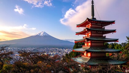 Scenic vista of a tall pagoda, mountain, and cityscape at sunset