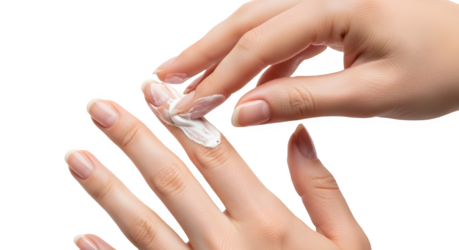 Woman applying nourishing hand lotion or moisturizer cream to fingers for dry skin care. isolated PNG with Transparent Background
