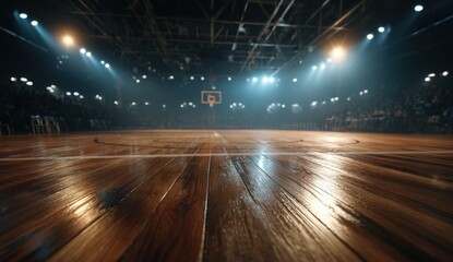 Empty indoor basketball court with polished wooden floor and bright overhead lighting