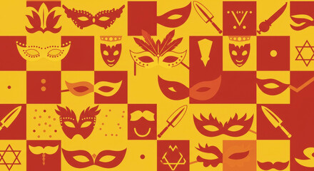 Purim festival pattern with masks and Stars of David. Jewish holiday carnival background with festive symbols. Masquerade checkerboard illustration
