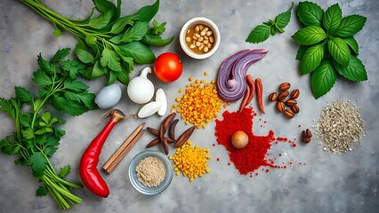 Southeast Asian culinary ingredients including fresh herbs and spices arranged on a textured stone surface.