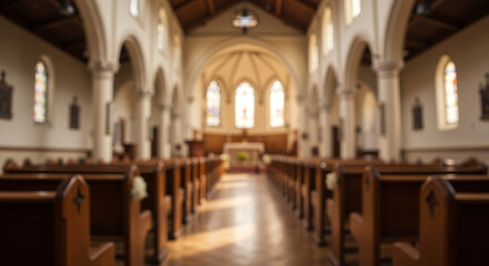 Fototapeta premium Blurred background of church interior looking down aisle. Empty wooden pews in religious sanctuary. Faith and spirituality concept