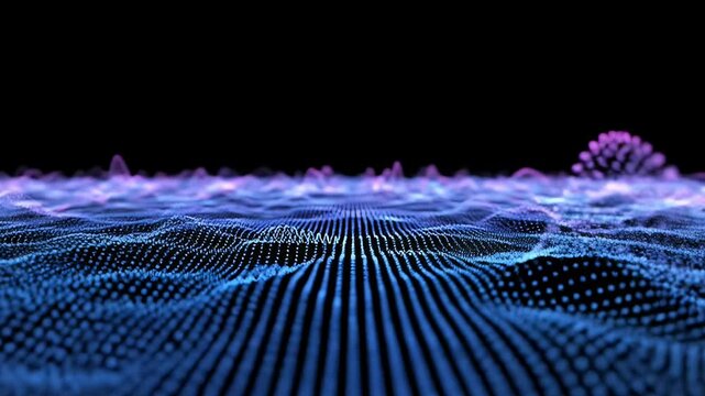 This mesmerizing abstract digital animation showcases a dynamic field of glowing particles, creating a captivating, wavelike motion across a deep black background. Vibrant shades of blue and purple li