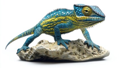 Colorful chameleon on rock against white background. Possible use Educational purposes