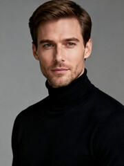 Studio Portrait of Man in Black Turtleneck on Gray Background