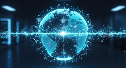 Global network connecting people with glowing Earth visuals and modern data stream graphics symbolizing technology, innovation, and global communication solutions