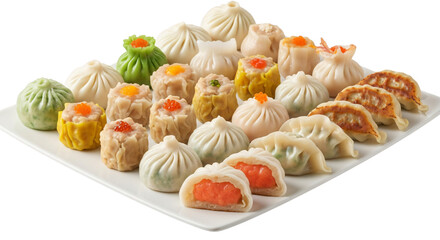 Assortment of delicious dim sum and dumplings, including siu mai, har gow, and bao, isolated on transparent background