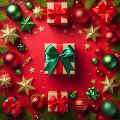 Christmas Eve Flat Lay with Gifts, Baubles, and Pine Branches