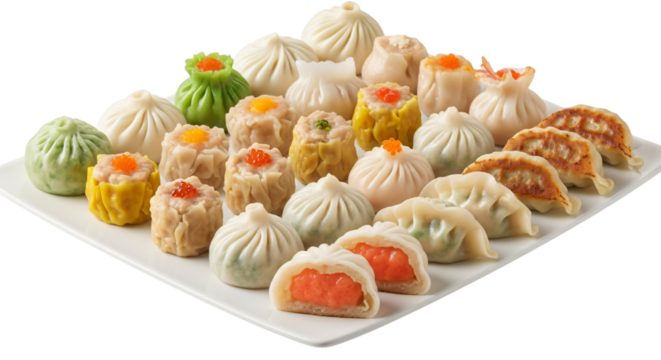 Assortment of delicious dim sum and dumplings, including siu mai, har gow, and bao, isolated on transparent background