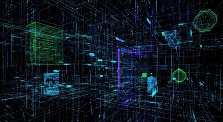 Immersive digital network with glowing data streams and vibrant geometric shapes, perfect for illustrating cutting-edge technology and futuristic concepts