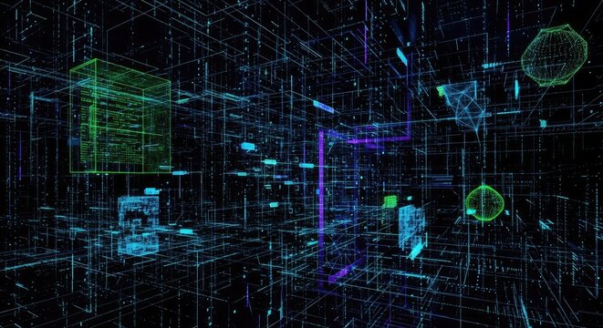Immersive digital network with glowing data streams and vibrant geometric shapes, perfect for illustrating cutting-edge technology and futuristic concepts