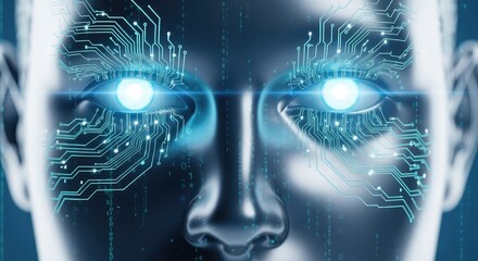 Futuristic humanoid face with glowing eyes and circuit patterns conveys artificial intelligence, machine learning and cutting-edge technology concepts