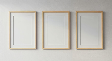 Fototapeta premium Three blank wooden picture frames on a textured wall blank frames empty frames