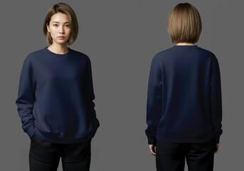 Navy Sweatshirt Mockup with Asian Female Model Front and Back View