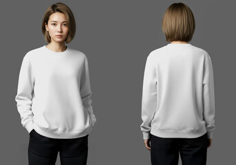 White Sweatshirt Mockup with Asian Female Model Front and Back View