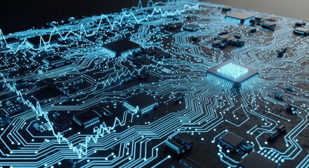 Modern glowing circuit board with signal waves pulsing, perfect for technology and futuristic concepts, showcasing innovation and advanced systems with vibrant blue hues