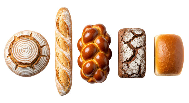 Variety of artisan bread loaves including baguette, challah, rye, and sourdough, isolated on transparent background