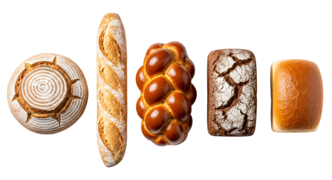 Variety of artisan bread loaves including baguette, challah, rye, and sourdough, isolated on transparent background