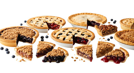 Assortment of homemade pies and pie slices, including fruit and crumble toppings, isolated on transparent background