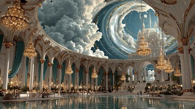 Grand hall with ornate chandeliers and celestial ceiling design reflecting tranquil waters in a majestic palace setting