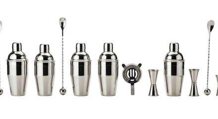 Collection of bar tools including cocktail shakers, jiggers, and strainers isolated on transparent background