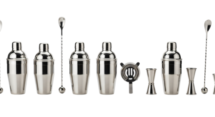 Collection of bar tools including cocktail shakers, jiggers, and strainers isolated on transparent background