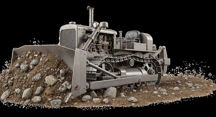 Vintage Bulldozer Pushing Earth and Rocks on Black Background.