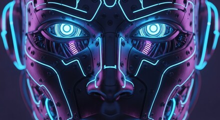 Futuristic cyborg face with glowing neon accents perfect for sci-fi tech concepts and modern digital art projects, evoking feelings of artificial intelligence