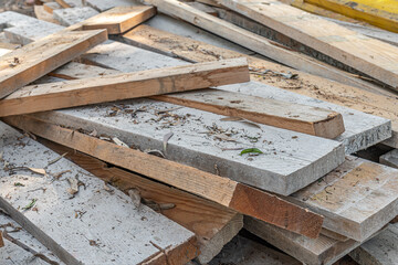 abstract background of pile of wooden construction debris on the ground close up