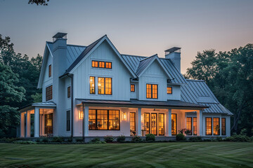 Elegant Modern Farmhouse Design with White Siding and Twilight Ambiance